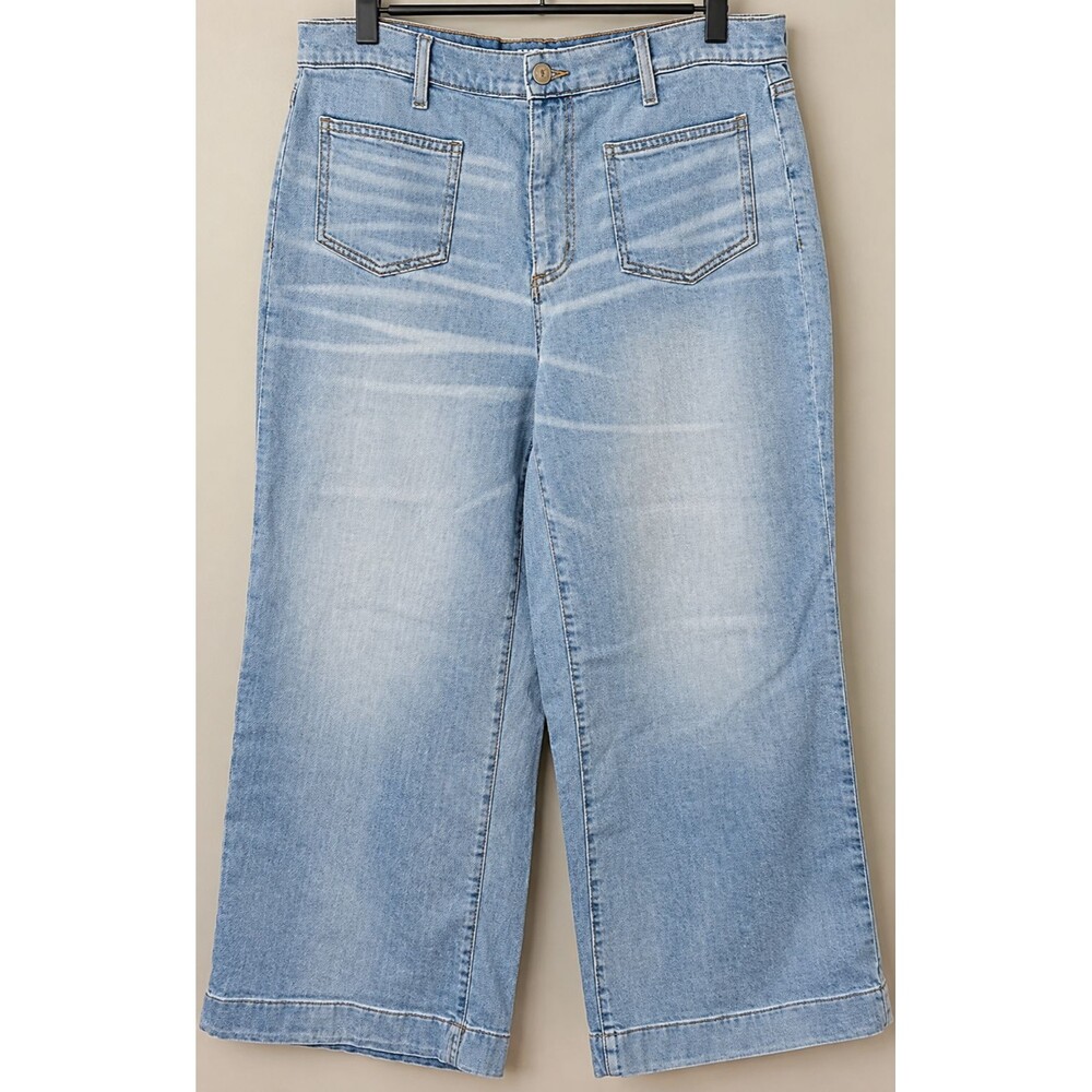 Lands End Wide Leg Jeans Womens 12 Crop Light Wash High Rise Patch Pocket Denim